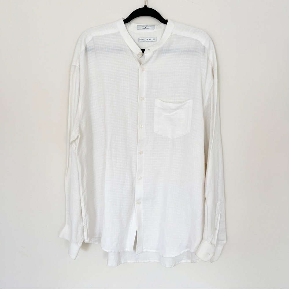 Geoffrey Beene Ivory White Linen Long Sleeve Button Down Shirt XL Band Collar
